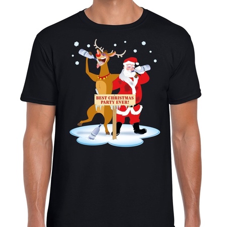 Grote maten Kerst t-shirt dronken kerstman en Rudolf zwart 