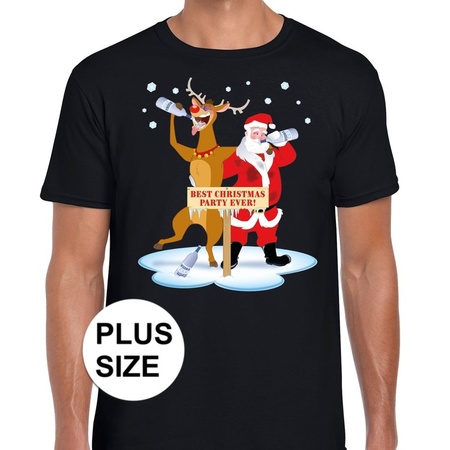 Grote maten Kerst t-shirt dronken kerstman en Rudolf zwart 