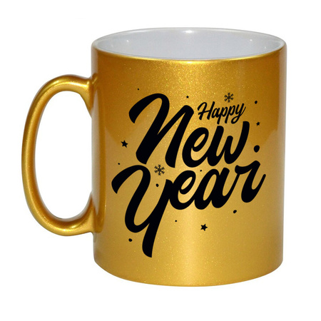 Happy new year gift Christmas golden mug with stars and snowflakes 330 ml