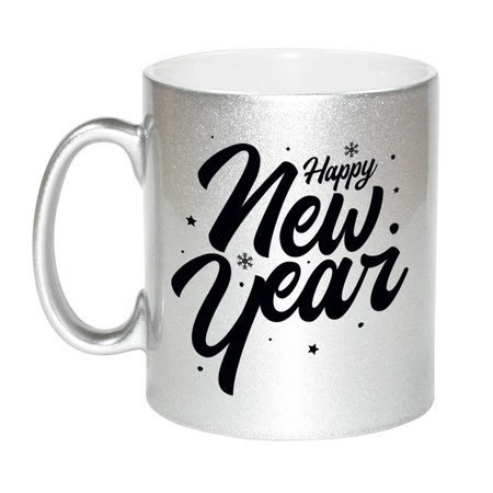 Happy new year gift Christmas silver mug with stars and snowflakes 330 ml