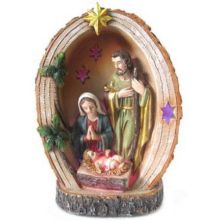 Heilige familie beeldje met licht 15 cm