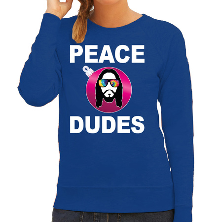 Hippie jezus Kerstbal sweater / Kerst outfit peace dudes blauw voor dames