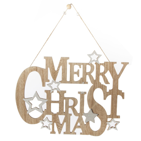 Houten kersthangers/hangdecoratie bordje Merry Christmas naturel 32 cm