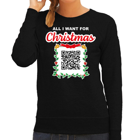 Kerst QR code kersttrui Alleen maar zuipen dames zwart - Foute kerstsweater