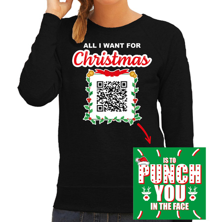 Kerst QR code kersttrui Punch you in the face dames zwart - Foute kerstsweater