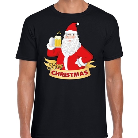 Kerst shirt merry christmas Santa bier / proost zwart heren