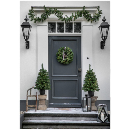 Christmas frontdoor set with wreath, garland and trees with lights