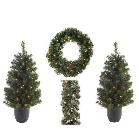 Christmas frontdoor set with wreath, garland and trees with lights