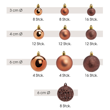 Kerstballen - 100x st - bruin - 3, 4 en 6 cm - kunststof - kerstversiering