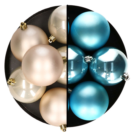 Kerstballen - 12x st - 8 cm - champagne en blauw - kunststof