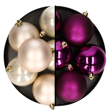 Kerstballen - 12x st - 8 cm - champagne en paars - kunststof