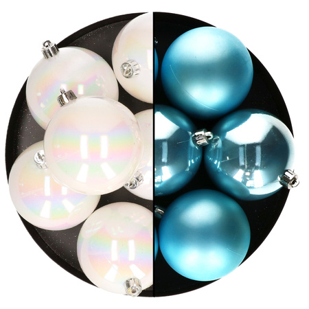 Kerstballen - 12x st - 8 cm - parelmoer wit en blauw - kunststof