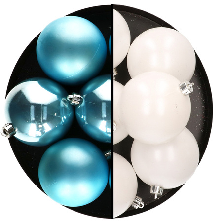 Kerstballen - 12x st - 8 cm - wit en blauw - kunststof