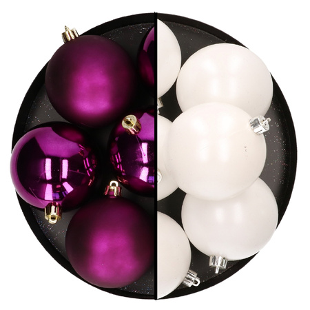 Kerstballen - 12x st - 8 cm - wit en paars - kunststof