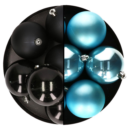 Kerstballen - 12x st - 8 cm - zwart en blauw - kunststof