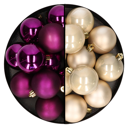 Kerstballen 24x stuks - mix champagne en paars - 6 cm - kunststof