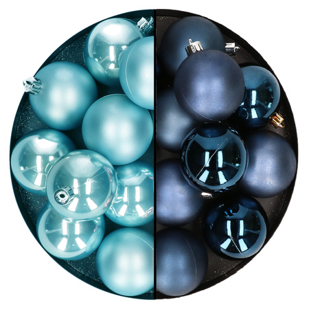 Kerstballen 24x stuks - mix donkerblauw en ijsblauw - 6 cm - kunststof