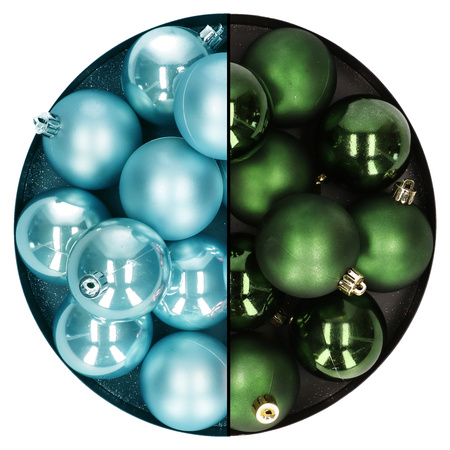 Christmas baubles - 24x pcs - mix dark green/ice blue - 6 cm - plastic