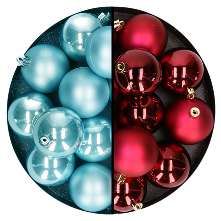 Christmas baubles - 24x pcs - mix dark red/ice blue - 6 cm - plastic