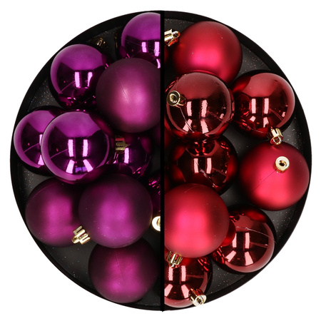 Kerstballen 24x stuks - mix donkerrood en paars - 6 cm - kunststof