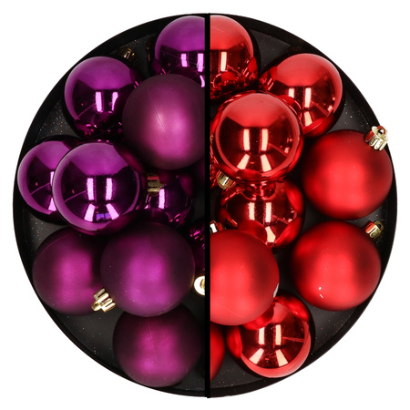 Kerstballen 24x stuks - mix kerst rood en paars - 6 cm - kunststof