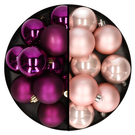 Kerstballen 24x stuks - mix lichtroze en paars - 6 cm - kunststof