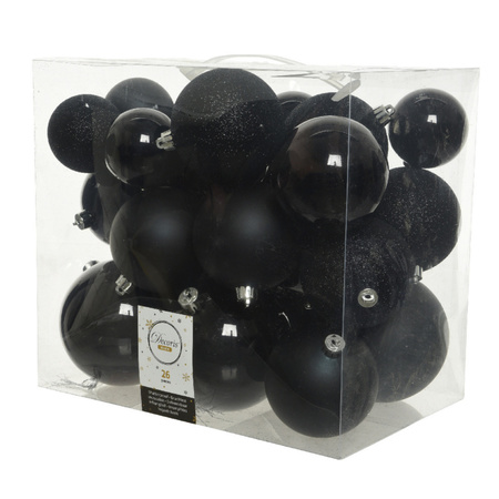 Kerstversiering kunststof kerstballen 6-8-10 cm met sterren folieslingers pakket zwart van 28x stuks