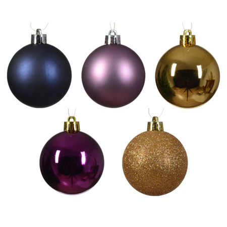 Plastic christmas baubles - 30x pcs - 6 cm - gold/dark blue/purple