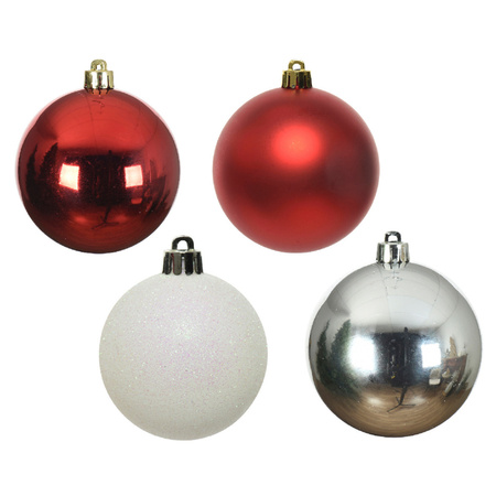 Christmas baubles 30x pcs - white pearl/white/red/silver- and star topper red- plastic
