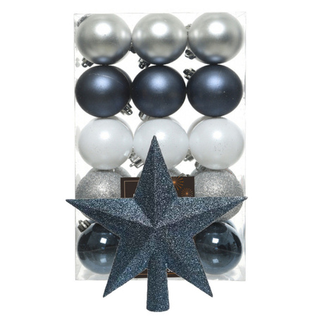 Christmas baubles 30x pcs - dark blue/white/silver- and star topper- plastic