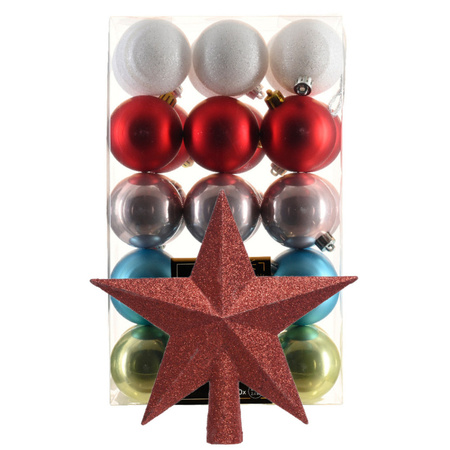 Kerstballen 30x st - gekleurd - 6 cm - met ster piek rood - kunststof