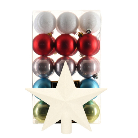 Kerstballen 30x st - gekleurd - 6 cm - met ster piek wit - kunststof