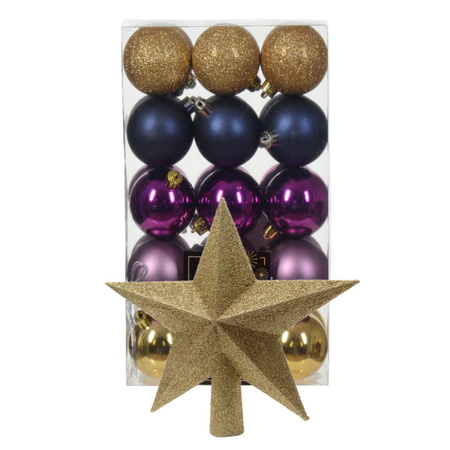 Kerstballen 30x st - goud/blauw/paars- 6 cm - met ster piek goud - kunststof