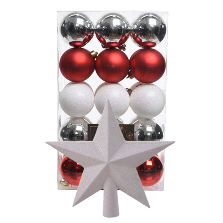 Kerstballen 30x st - parelmoer wit/rood/zilver- 6 cm - met ster piek lichtroze- kunststof