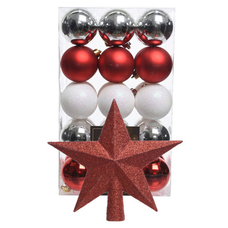 Kerstballen 30x st - parelmoer wit/rood/zilver- 6 cm - met ster piek zilver- kunststof