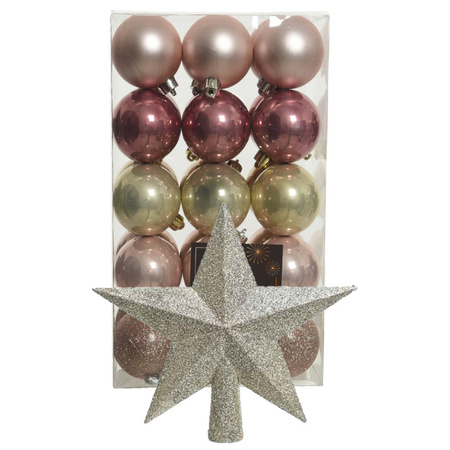 Kerstballen 30x st - roze/champagne- 6 cm - met ster piek paars - kunststof