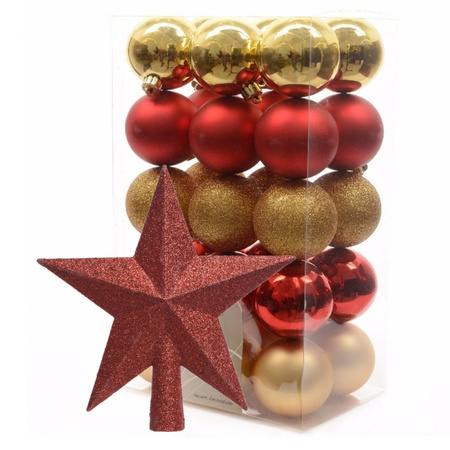 Kerstballen 30x stuks 6 cm rood-goud met ster piek rood kunststof