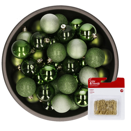 Christmas baubles - 48x pcs - dark green - 6 cm - plastic - incl. gold hooks