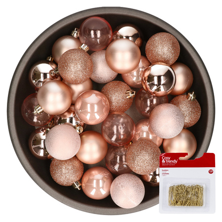 Kerstballen - 48x st - roze - 6 cm - kunststof - met kerstbalhaakjes goud