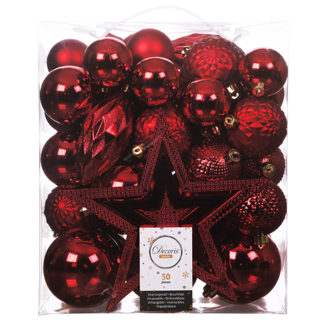 56x stuks kunststof kerstballen en ornamenten met ster piek rood