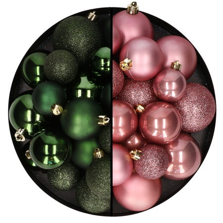 Kerstballen 60x stuks - mix donkergroen/oudroze - 4-5-6 cm - kunststof