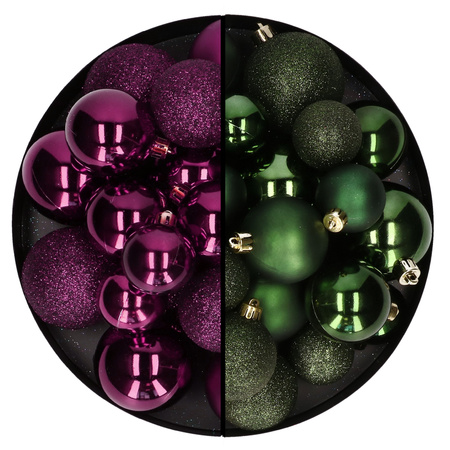 Christmas baubles - 60x - dark green/purple- 4/5/6 cm - plastic