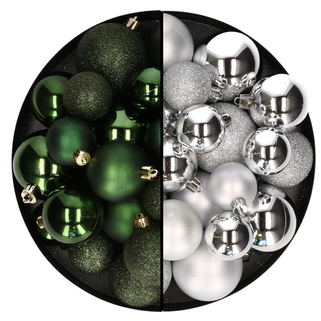 Christmas baubles - 60x - dark green/silver- 4/5/6 cm - plastic