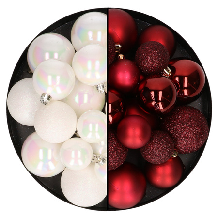 Kerstballen 60x stuks - mix donkerrood/parelmoer wit - 4-5-6 cm - kunststof