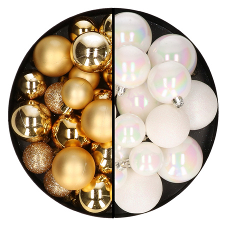 Christmas baubles - 60x - gold/pearlescent white- 4/5/6 cm - plastic