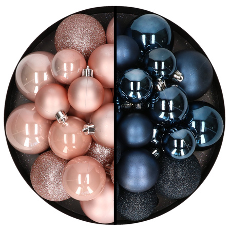 Kerstballen 60x stuks - mix lichtroze/donkerblauw - 4-5-6 cm - kunststof