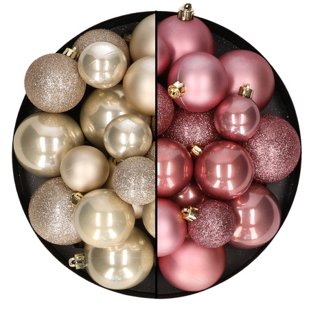 Kerstballen 60x stuks - mix oudroze/champagne - 4-5-6 cm - kunststof