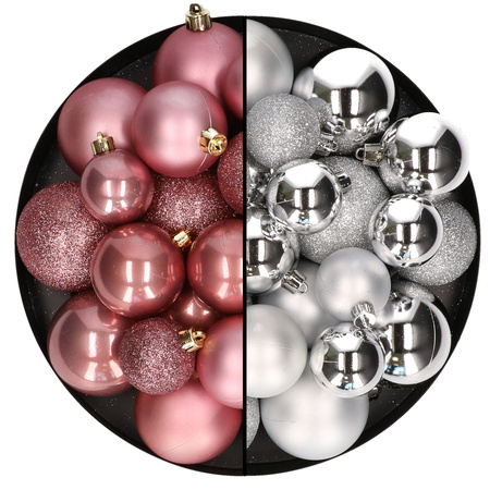 Christmas baubles - 60x - vintage pink/silver- 4/5/6 cm - plastic