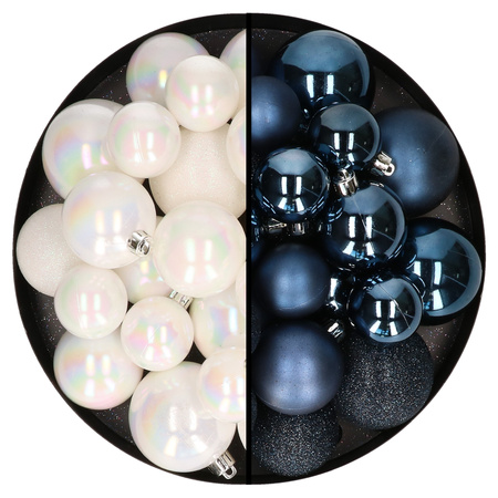 Christmas baubles - 60x - white pearl/dark blue- 4/5/6 cm - plastic