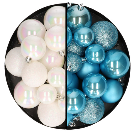 Christmas baubles - 60x - pearlescent white/ice blue- 4/5/6 cm - plastic